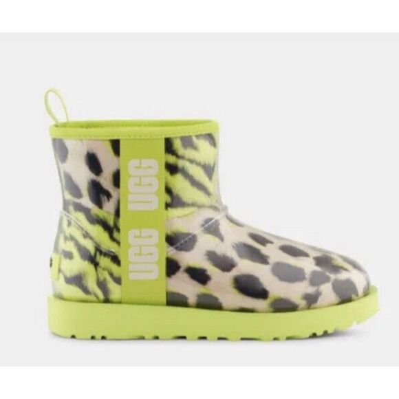 Size 6 Women's UGG Classic Clear Mini Animalia Boots Neon Green Animal Print - Picture 1 of 7